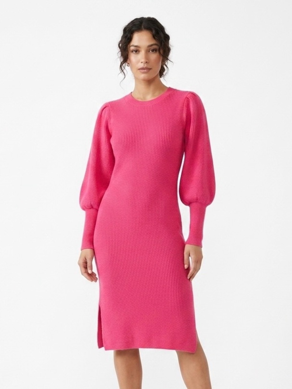 Shein, Pink Puff-Sleeve Knit Midi Dress - M